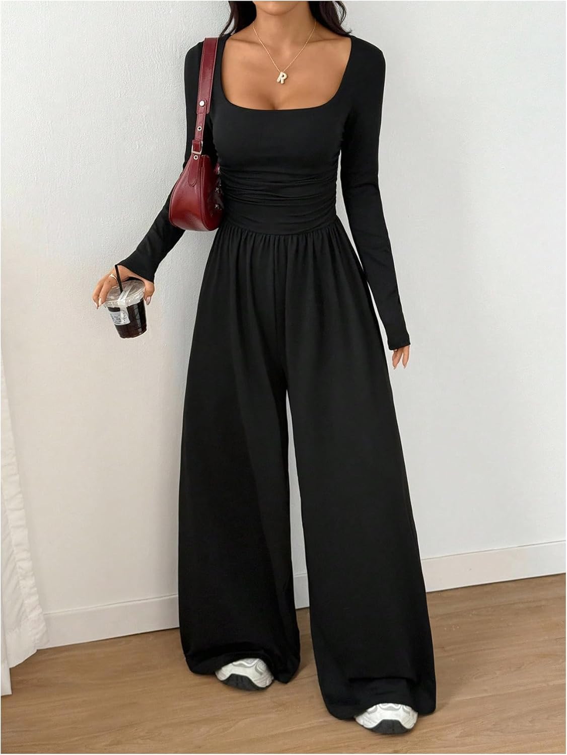 Verdusa Women's Long Sleeve Jumpsuit Ruched Wide Leg One Piece Rompers Comfiest Airport Outfits - Image 6