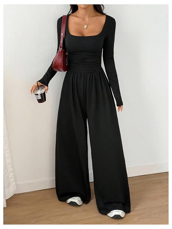 Verdusa Women's Long Sleeve Jumpsuit Ruched Wide Leg One Piece Rompers Comfiest Airport Outfits Black Small by Verdusa - Image 6