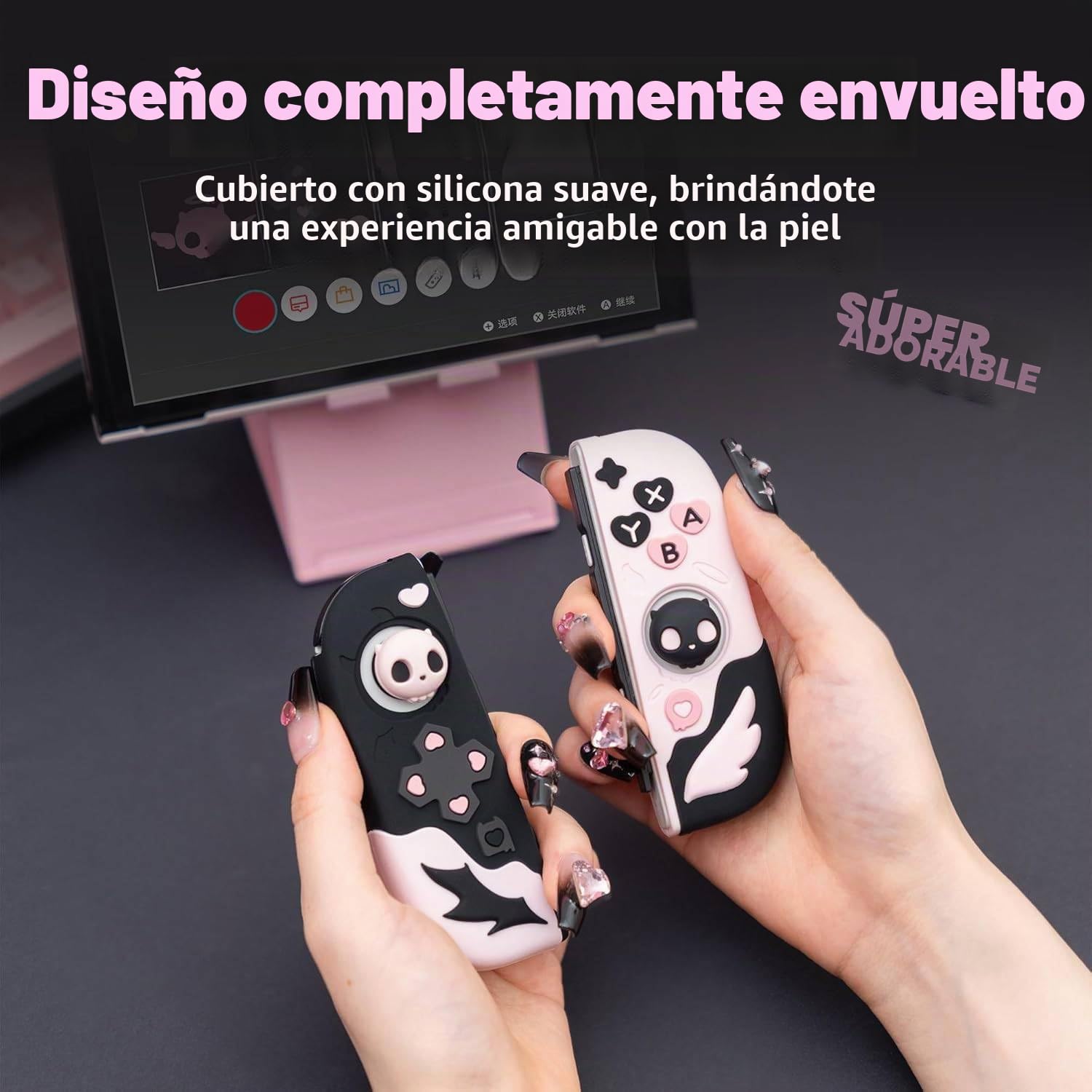 GeekShare Funda Protectora para Switch OLED, Funda de Silicona Blanda Separable para Joycon con 2 Tapas para el Pulgar - Sweetheart Skull
