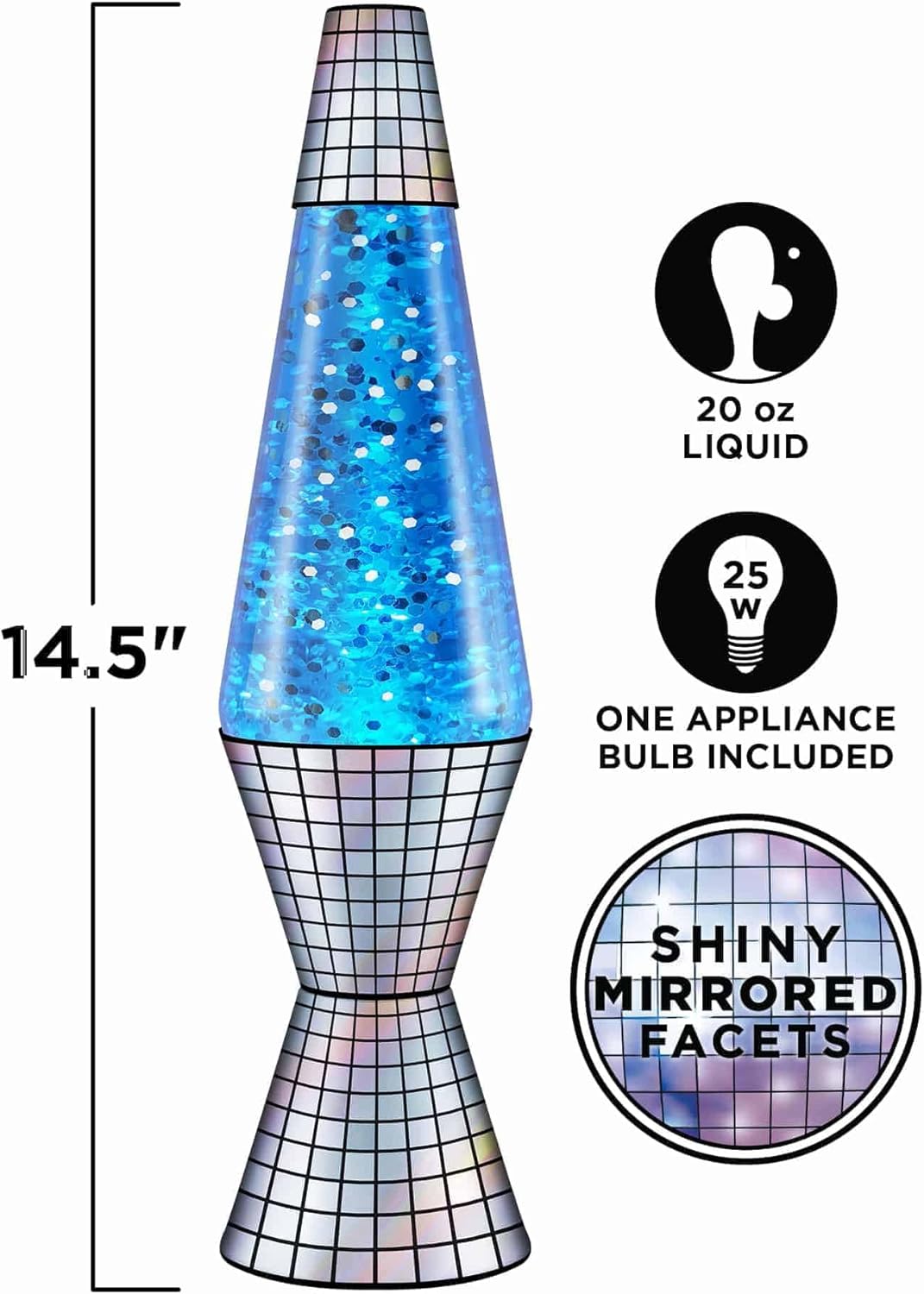 Lava® Lamp - 14.5'' Disco Fever Reflective Base - The Original Motion Light - Silver Glitter and Blue Liquid - Item #2016