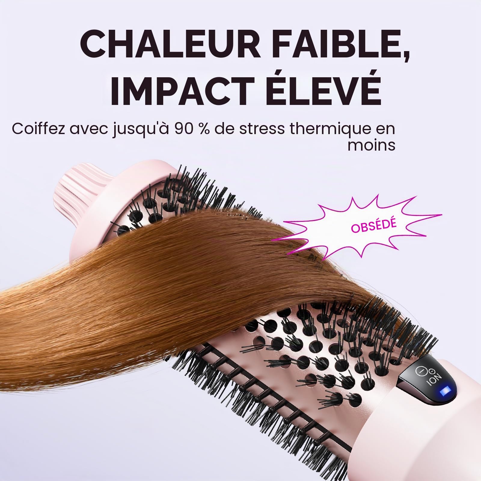 Wavytalk Brosse thermique, 3,8 cm, brosse ronde chauffante pour un look éclatant, double tension, rose, sakura, céramique tourmaline, technologie ionique négative, 5 réglages de température