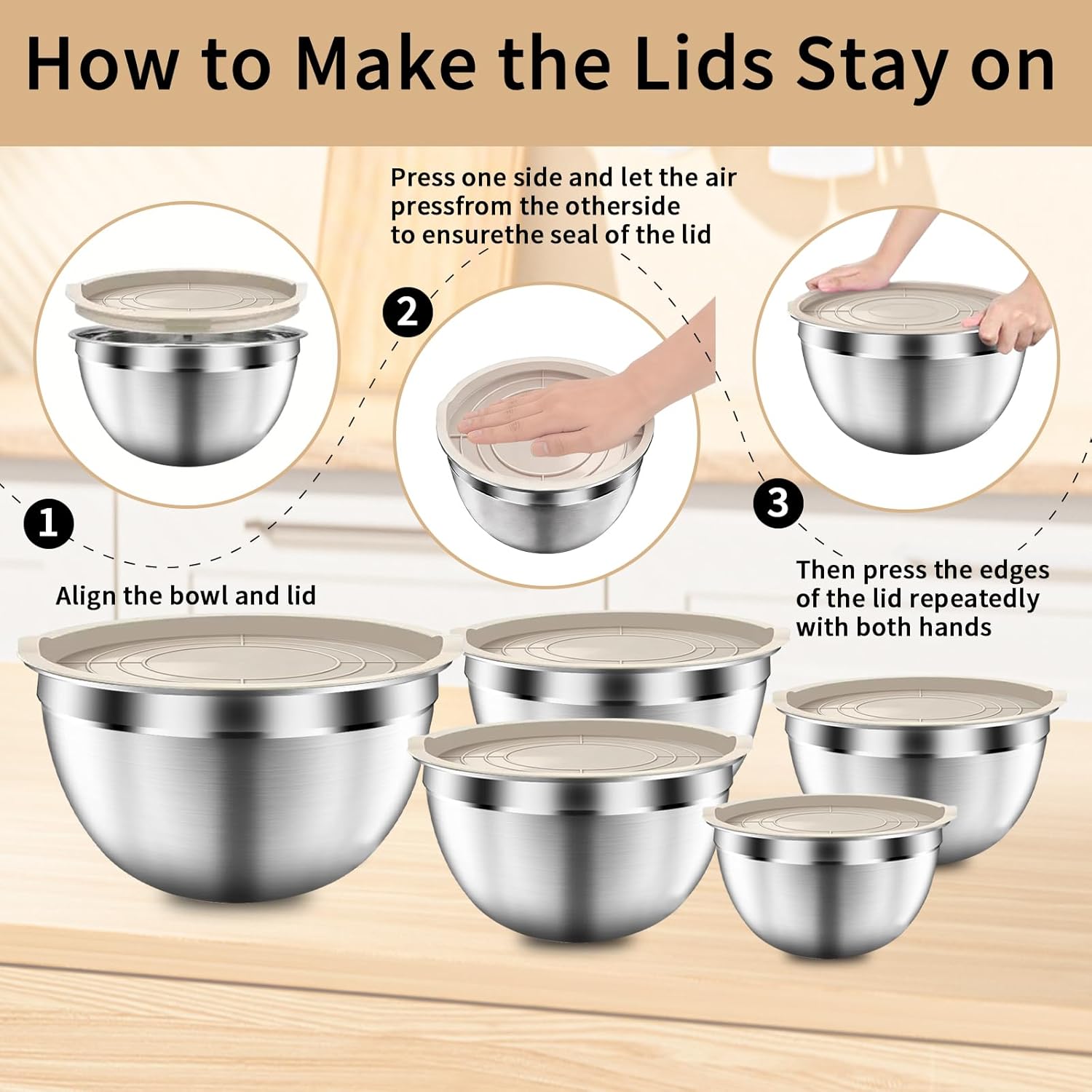 Mixing Bowls with Airtight Lids Set, 5 PCS Stainless Steel Khaki Nesting Bowls for Kitchen, Large Prep Metal Mixing Bowls for Kitchen, 5.5/4/3.5/2/1.5 QT for Mixing & Serving