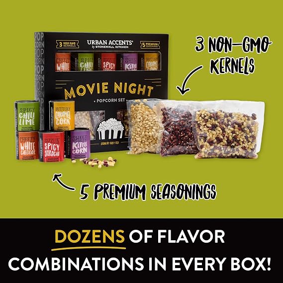 Urban Accents Movie Night Popcorn Gift Set, 3 Varieties & 5 Seasonings