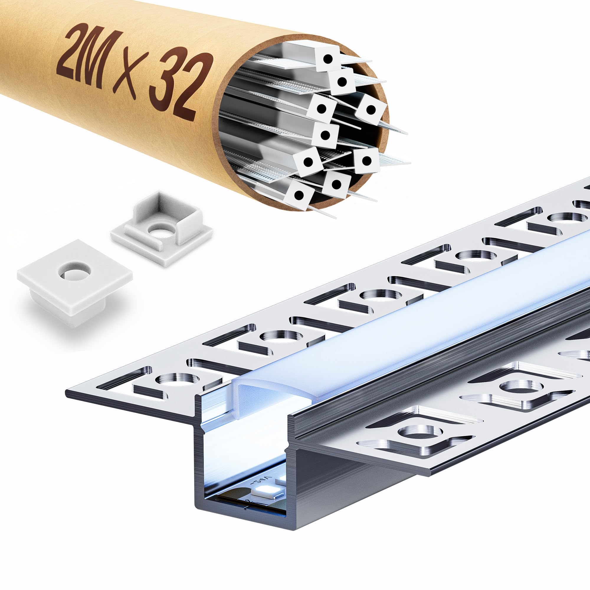 32 x profil do suchej zabudowy LED, 2 m, szyna LED 2 m, profil aluminiowy, szyna podtynkowa i dyfuzor natynkowy do oświetlenia pośredniego sufitu