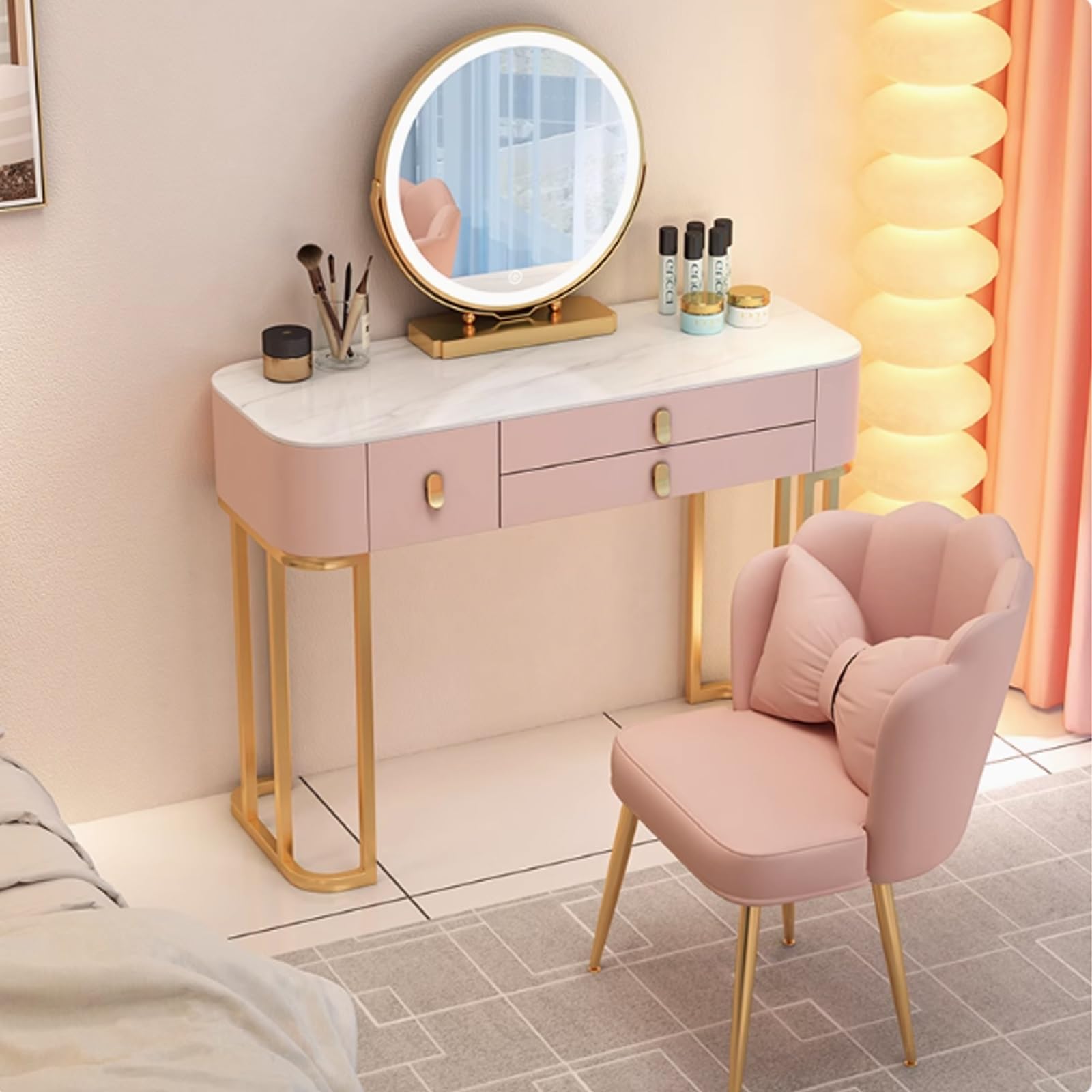 BRCYKRWY Vanity Desk with Mirror and Lights Modern Makeup Table with Drawers and Stool Vanity Desk with Mirror and Lights Adjustable 3 Light Modes