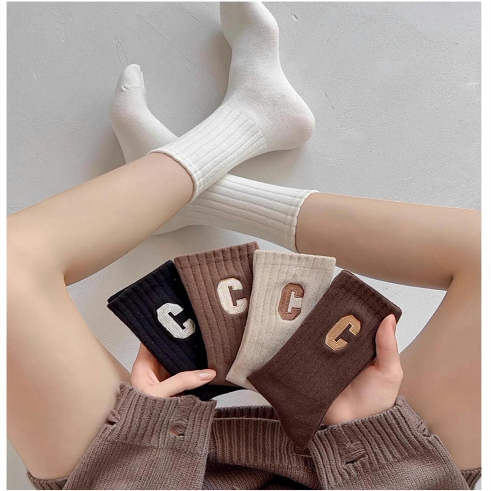 Calzini 5 Paia di Calzini per Donne, Tubo Medio, Primavera E Stile Autunno, Cotone Puro, Deodorazione, Calzini da Donna con Lettere C Carine-5 Coppie Miste-codice Medio