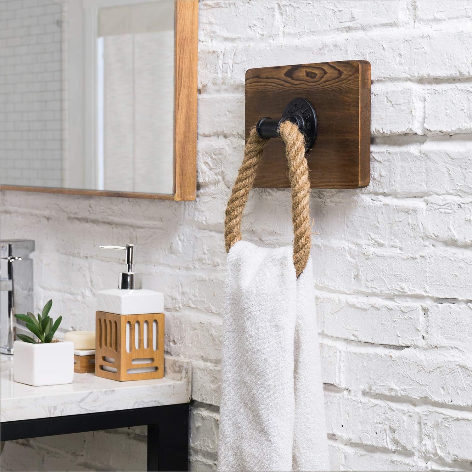 MyGift Wall Mounted Industrial Black Metal Pipe and Rustic Rope Towel Ring with Burnt Brown Solid Wood Backing, Hanging Washcloth Dishcloth Holder for Bathroom or Kitchen