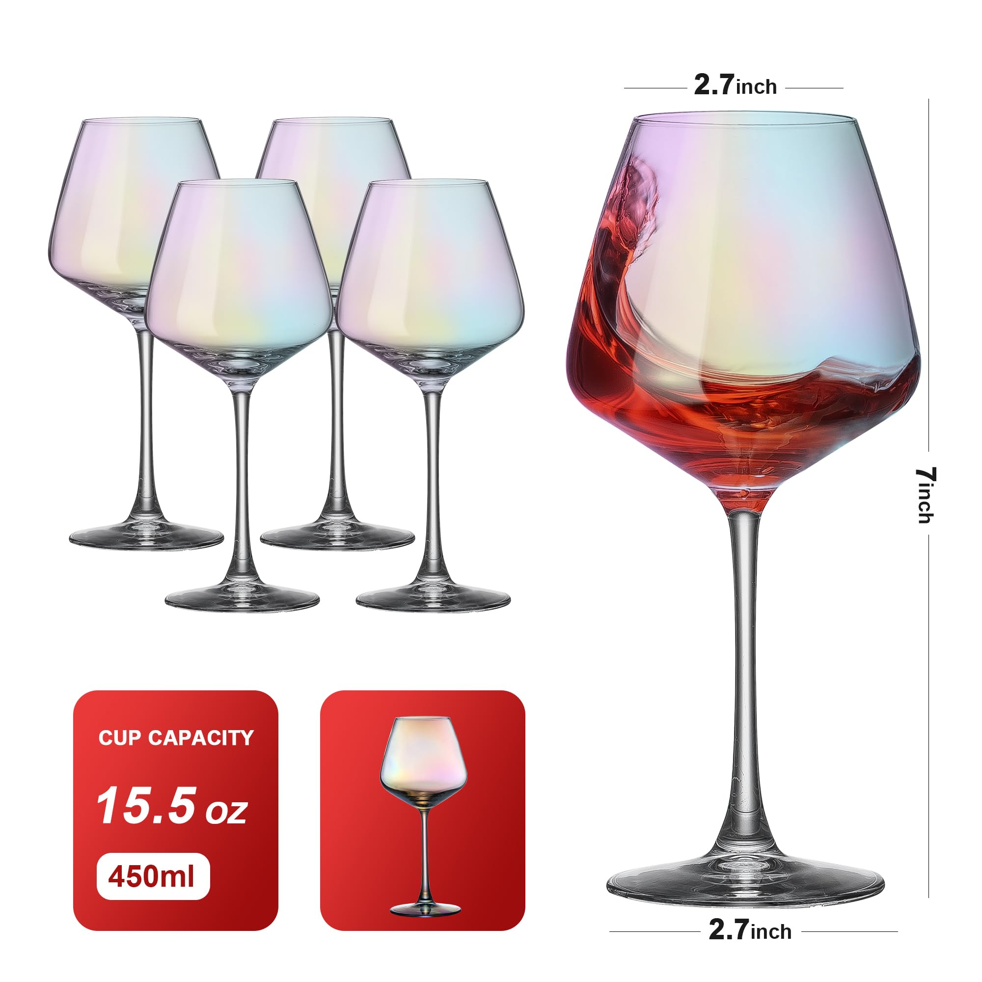 PTSTING Copas de vino iridiscentes de 15.5 onzas, juego de 4 copas de vino burdeos para degustación de vino, regalo de boda, aniversario, Navidad, cumpleaños
