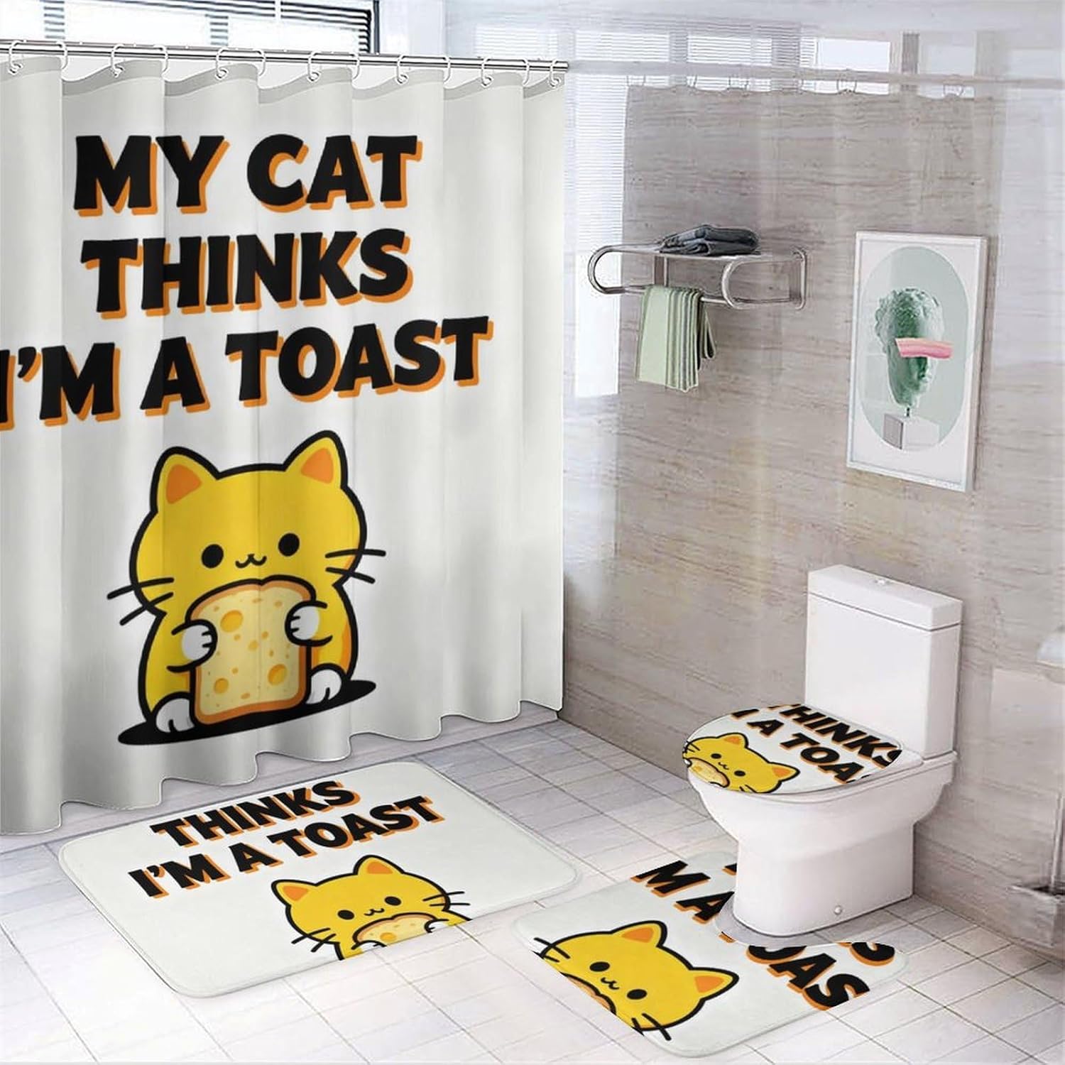 4 Piece Bathroom Rug Set with Shower Curtain, Non-Slip Bath Mat Toilet Cover Set, Holding A Hamburger Bathroom Rug Sets