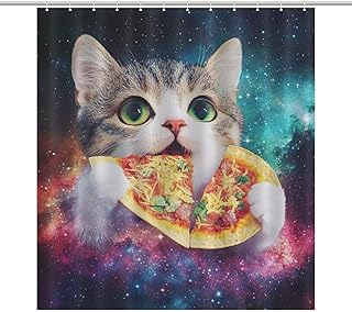 Waterproof Fabric Shower Curtain 70x72 Inches with Curtain Hooks Compatible with Space Galaxy Cat Eat Pizza Bathroom Curtain