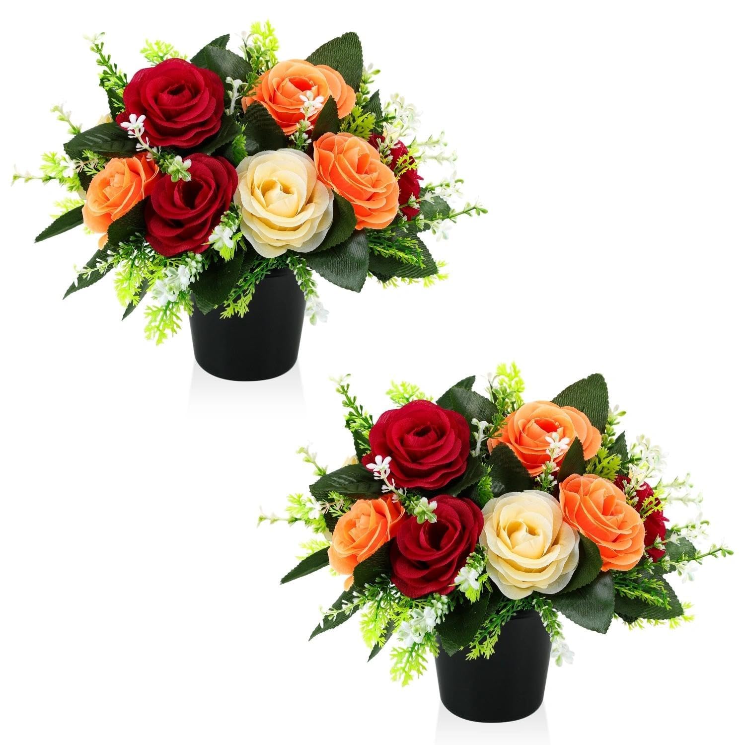 2 Pcs Artificial Flowers for Graves Pots, Red Yellow Orange Roses Grave Flower Pots, Outdoor Decorations Cemetery Ornaments, for Cemetery, Grave Displays, Memorial Tributes, Home Garden Floral Arrange