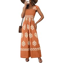 Happy Sailed Womens Summer Jumpsuits Printed Square Neck High Waisted Pockets Wide Leg Rompers Beach Fashion Vacation Outfits