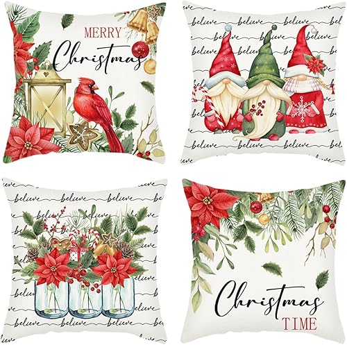 Juego de 4 fundas de almohada navideñas de 18 x 18 pulgadas, fundas de cojín para decoración de vacaciones de invierno para sofá, sala de estar y
