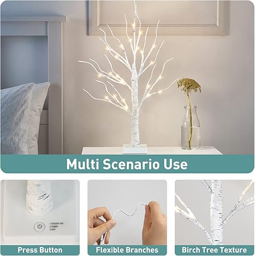 Miniatura 9 de PABIPABI Árbol de abedul iluminado con luces LED, decoraciones de Navidad, pequeñas luces artificiales de árbol bonsái con temporizador, árboles de