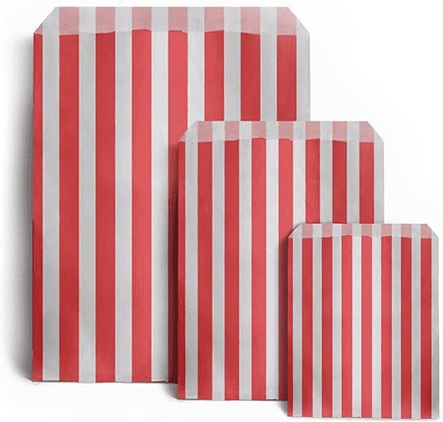Sabco - 200 Red Sweet Candy Striped Paper Bags 5 x 7" for Confectionary Party Favour Pick n Mix Wedding Sweets Gift Bag (200, 5 x 7")
