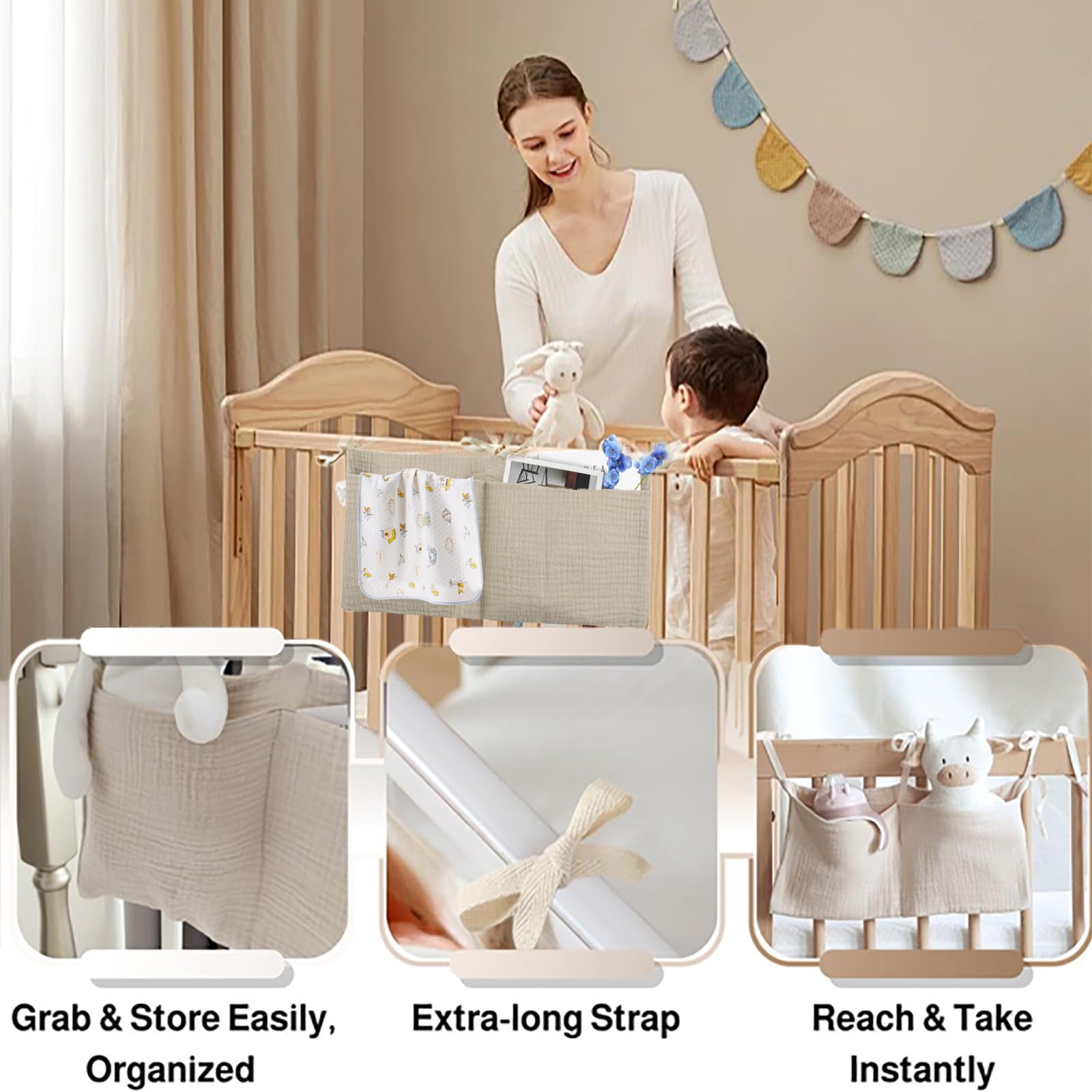 Bavooty Baby Crib Organiser,Baby Bed Storage Hanging Bag,Khaki | Hanging Bag for