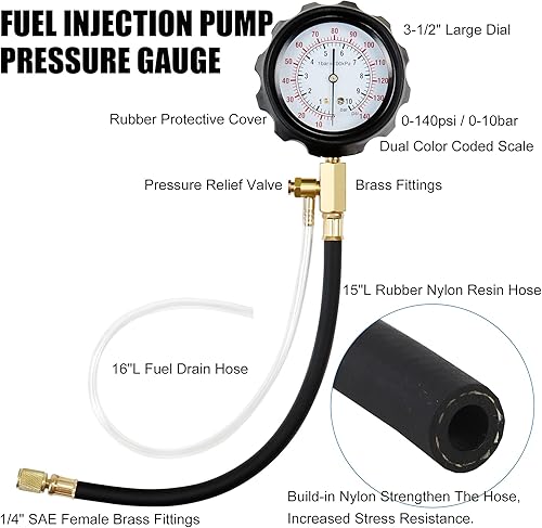 Miniatura 3 de Kit de medidor de presión de bomba de inyección de combustible, kit de manómetro de prueba de inyector de gasolina de gasolina, combustible, aceite,