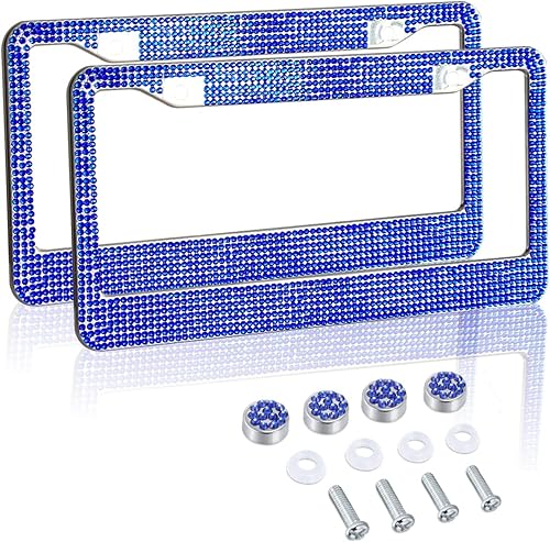 Paquete de 2 marcos de matrícula marco de placa de acero inoxidable hecho a mano con diamantes de imitación de zafiro con 4 tapas de rosca de