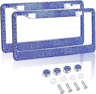 2 Pack License Plate Frames: Stainless Steel Handcrafted Sapphire Bling Rhinestone Car Plate Frame with 4pcs Crystal Screw Caps & 4pcs Washers