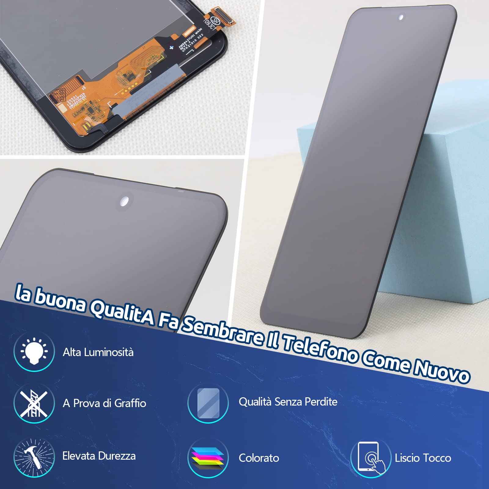 RongZy LCD Schermo per Xiaomi Redmi Note 10 4G / Redmi Note 10s / Poco M5S Display Digitizer Assembly Vetro di Ricambio Touch Screen con Strumenti(Incell)