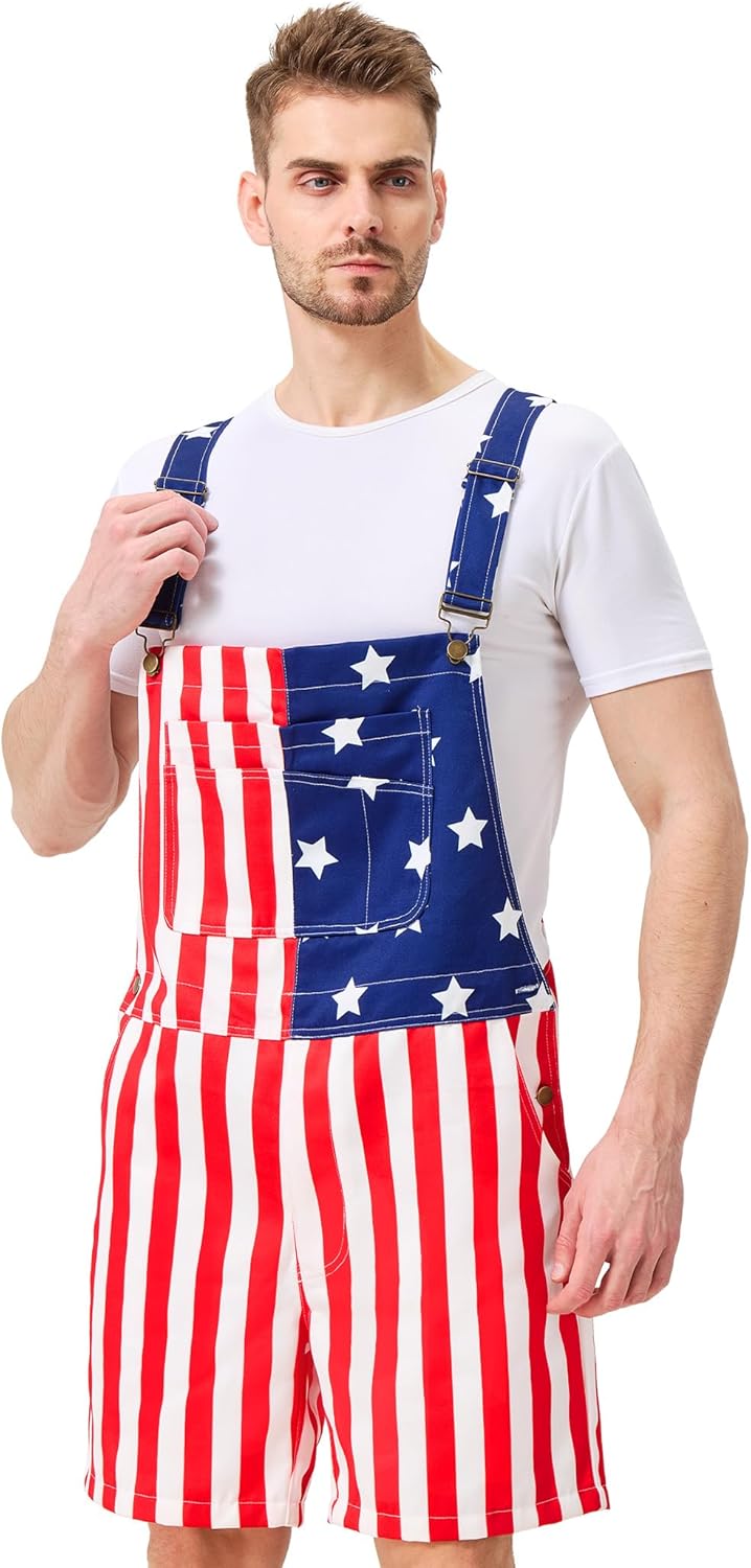 American Flag Overalls Shorts for Men, 4th of July Patriotic Denim Romper with Pockets, Independence Day USA Jumpsuit