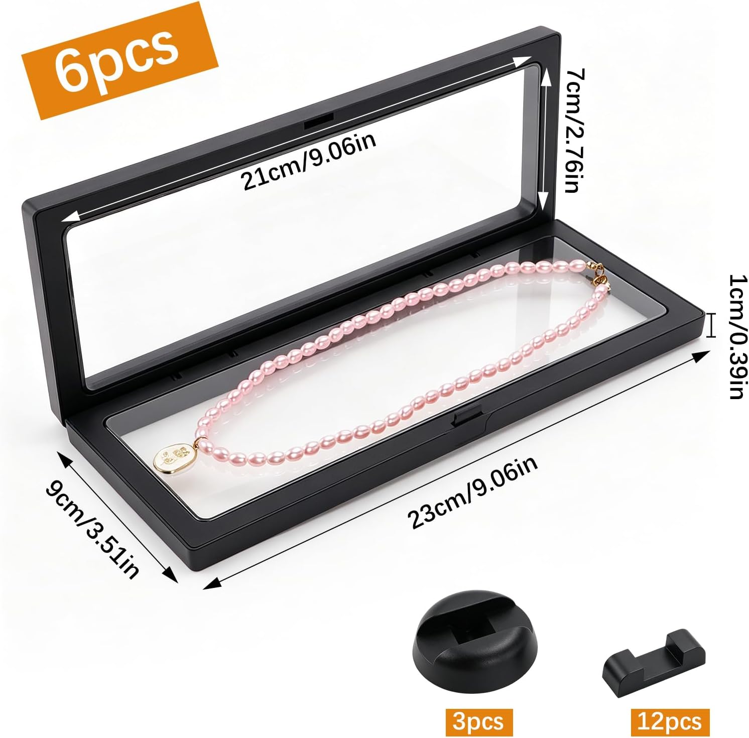 6 Pcs 3D Floating Frame Case, Clear Challenge Coin Display Stand | 2 Bases Option, Transparent PE Film Storage Box Holder for Jewelry, Medals, Specimens, Rocks, Fossils, Gemstones