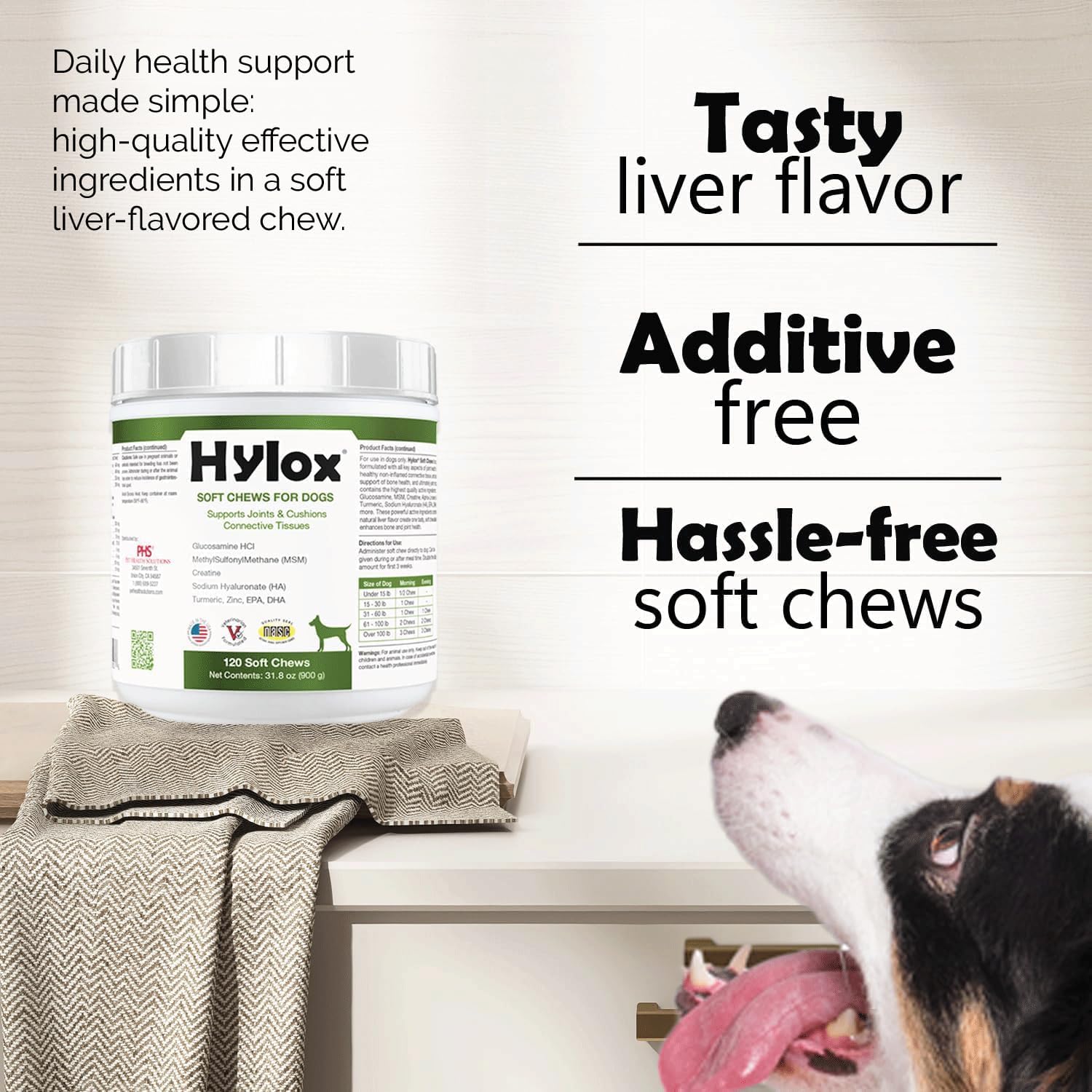 Hylox Soft Chews for Dogs – Joint Support with Glucosamine, MSM, Creatine, Hyaluronic Acid, Turmeric, EPA & DHA – Supports Joints & Cushions Connective Tissues – NASC Certified – 120 Soft Chews