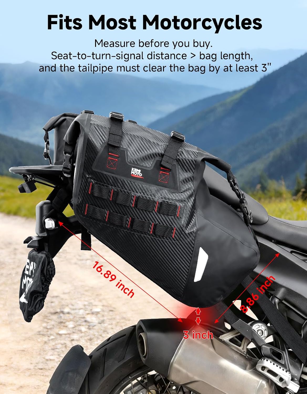 KEMIMOTO IPX6 Waterproof Motorcycle Saddlebags PVC Soft Panniers Side Tail Bag 30L(15Lx2) Motorbike Dirtbike Dual Sport Bike Adventure Travel Luggage Rackless Saddle Bags Black