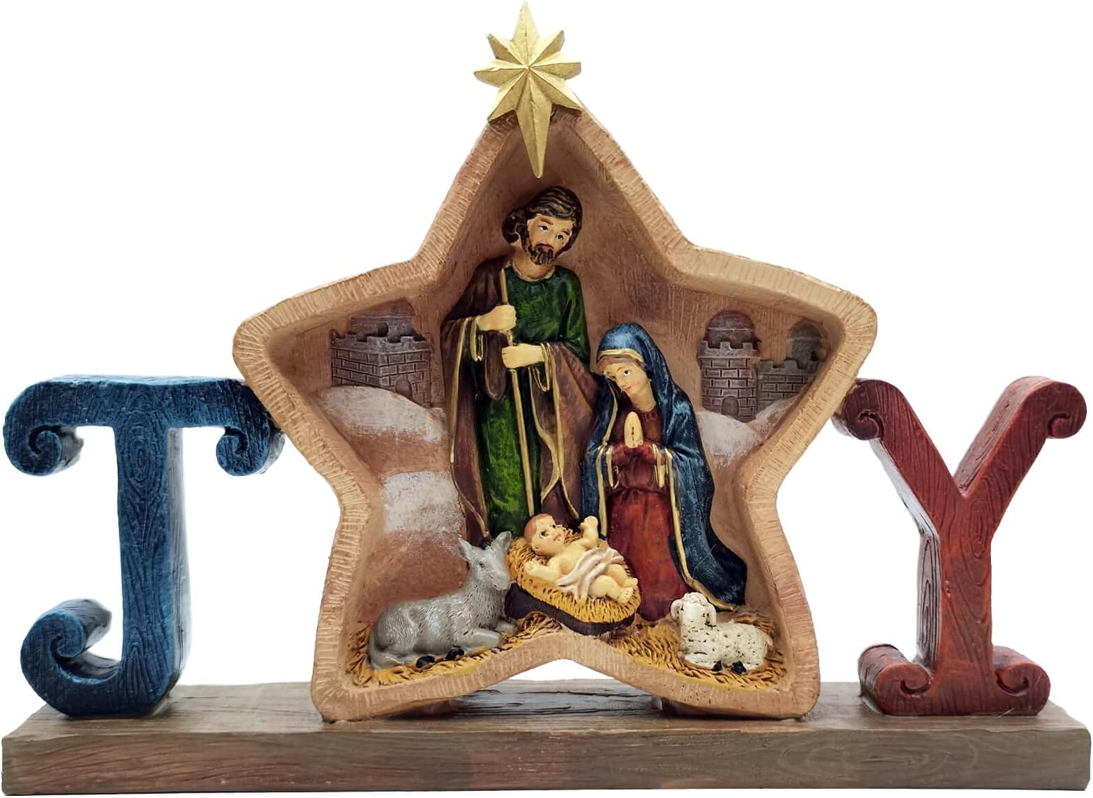 Christmas Figurine Joy Nativity Statue - 8.4 Inch Home Decor Resin Sculpture with Holy Family(Multi-Color)