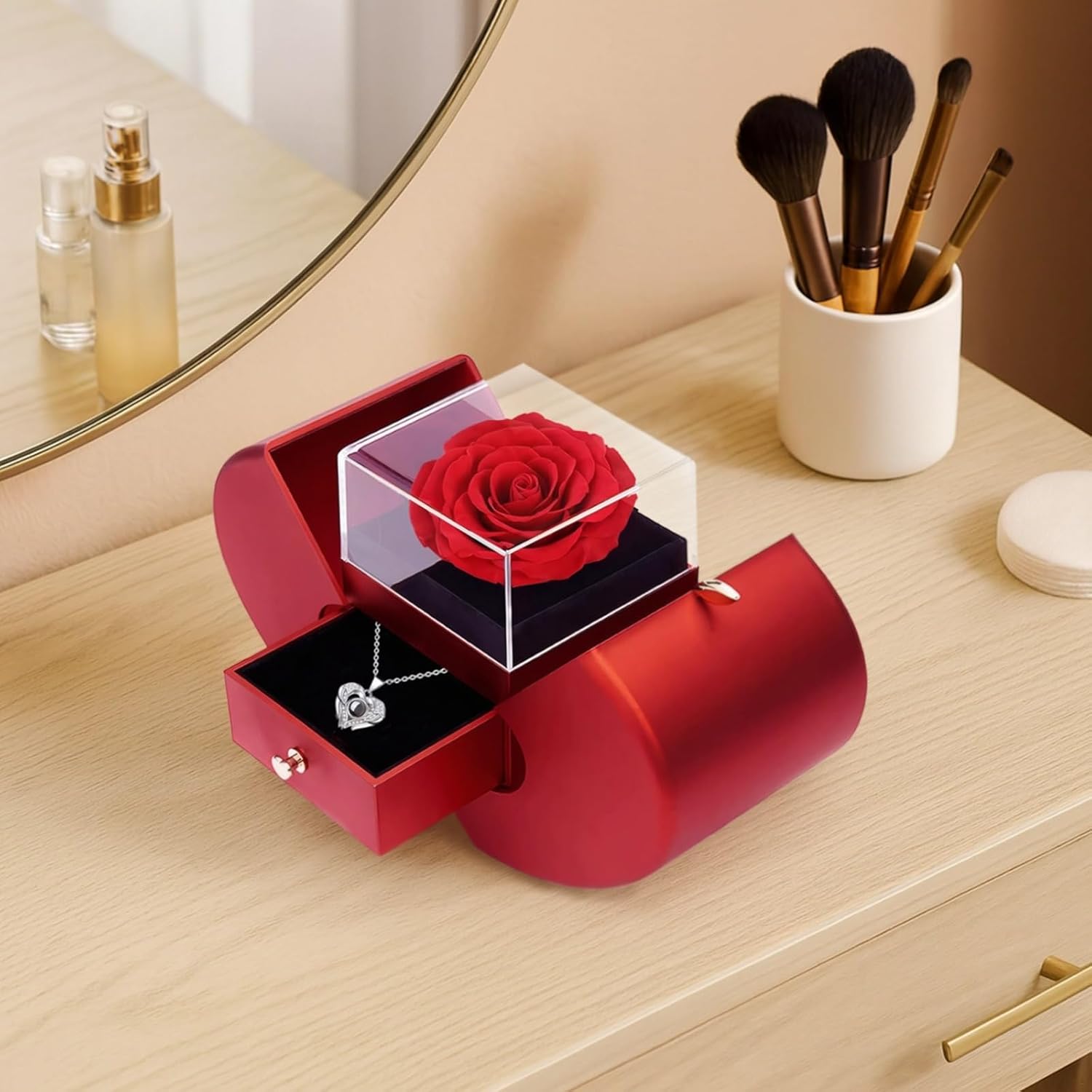 Real Rose Preserved with I Love You Necklace in 100 Languages, Heart Claw Chain, Ideal Valentine's Day Present for Her, Beautiful Red Box, 8.5 X 3.5 X 4.7 in
