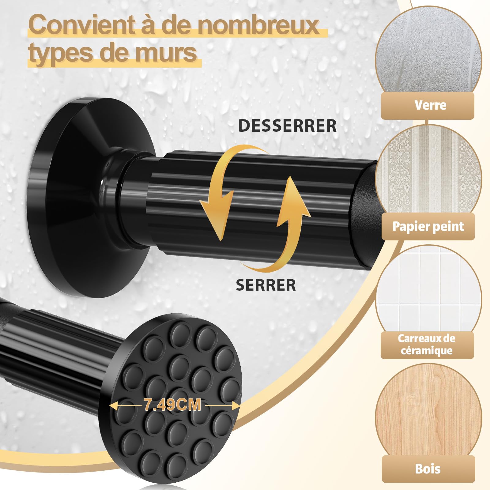 Extensible Tringle à Rideau 128-227cm Noir, Diamètre 32mm, 1 Pièce Tringle Rideau Extensible Sans Percage, Barre de Tension Télescopique, Pour Rideau de Salle de Bain, Fenêtre, Balcon
