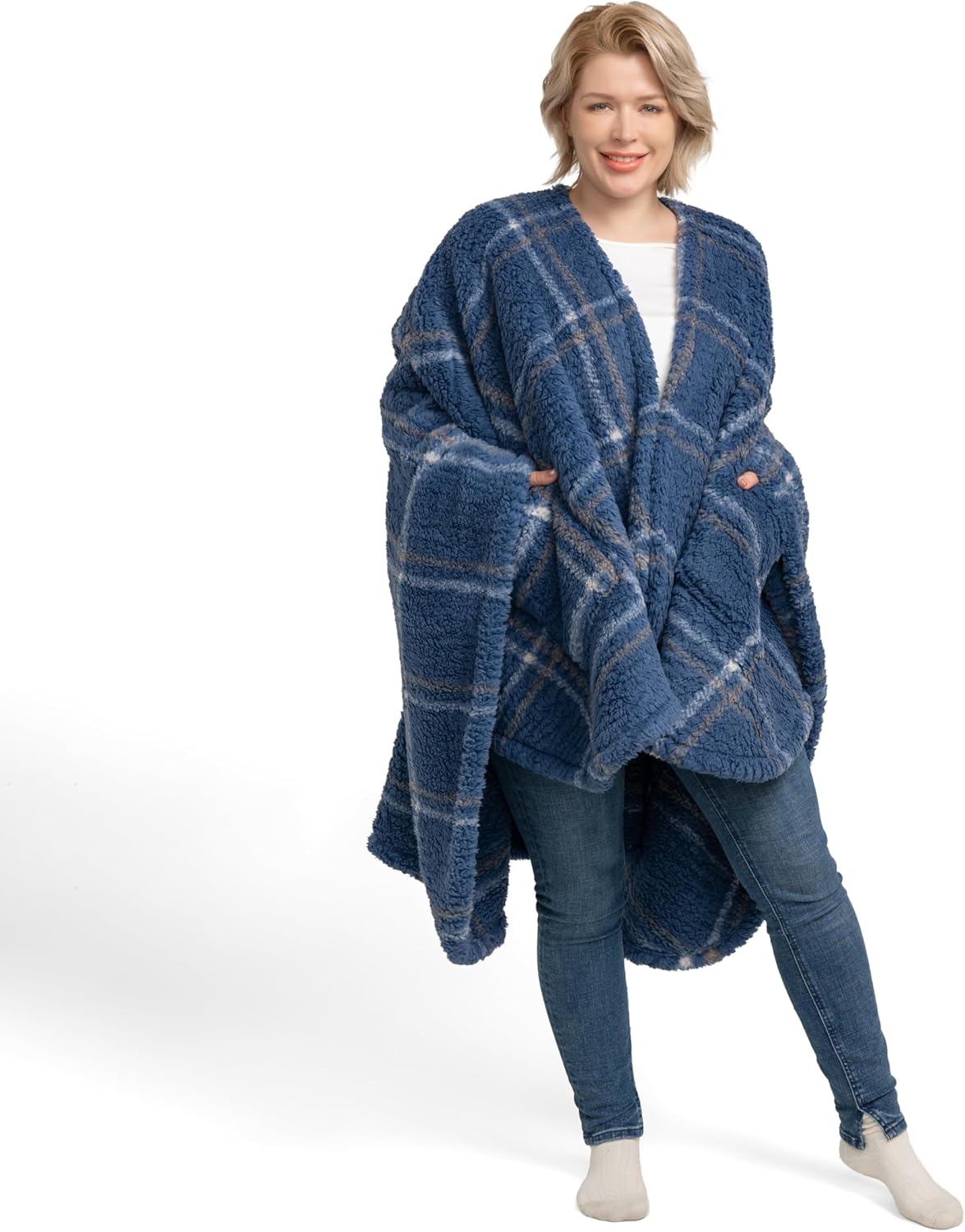 Berkshire Blanket Double Sided Sherpa Wearable Blanket,Warm Cozy Shawl with Pockets Plush Cape Wrap