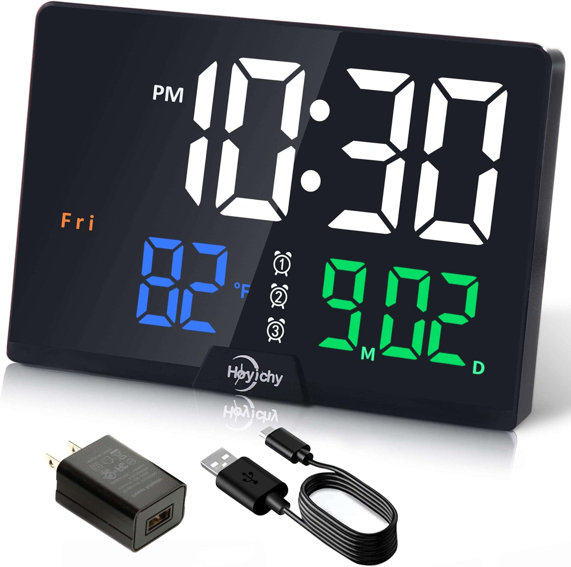 Digital Alarm Clocks for Bedrooms,RGB Colorful Calendar Clock with Date,Temperature,3 Alarms,Plug in Large Display Day Clock Battery Backup,4 Dimmer,12/24H,Easy Touch Snooze for Elderly Teen Kid Desk