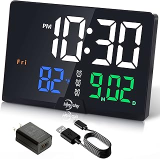 Digital Alarm Clocks for Bedrooms,RGB Colorful Calendar Clock with Date,Temperature,3 Alarms,Plug in Large Display Day Clock Battery Backup,4 Dimmer,12/24H,Easy Touch Snooze for Elderly Teen Kid Desk
