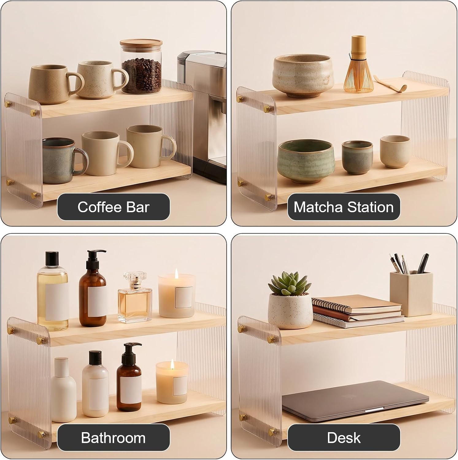 2 Pcs 2-Tier Coffee Station Organizer, Acrylic & Pine Wood Matcha Shelf, Countertop Storage Rack for Mugs, Syrups, Spices, Modern Minimalist Design, 15.7 x 5.7 x 7.8 Inches