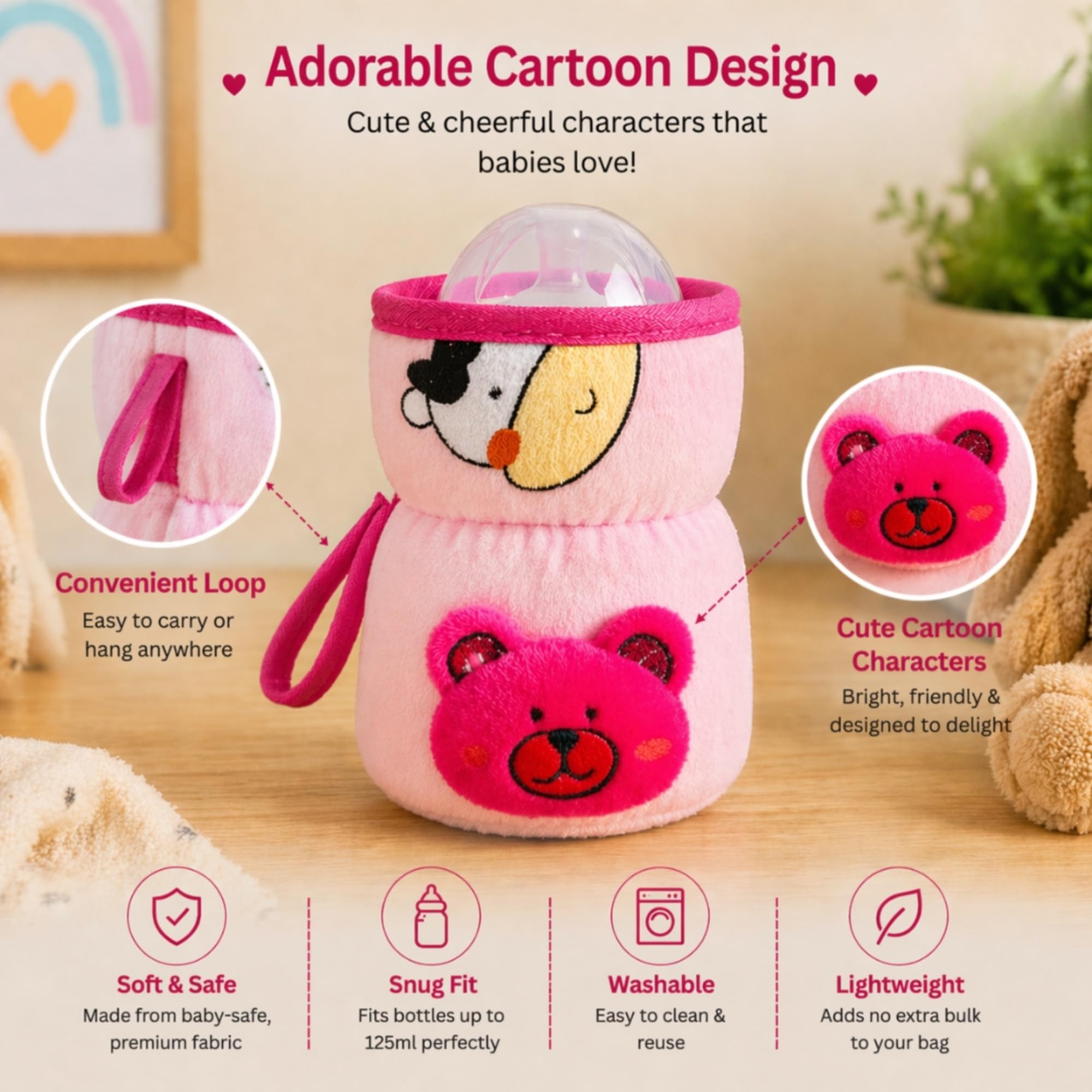 THE LITTLE LOOKERS Soft Plush Stretchable Baby Feeding Bottle Cover with Easy to Hold Strap | Cute Animated Overall Print Pack of 2 (Pink & Blue, Wide Neck 125ml/4oz) Cartoon Print May Very 2