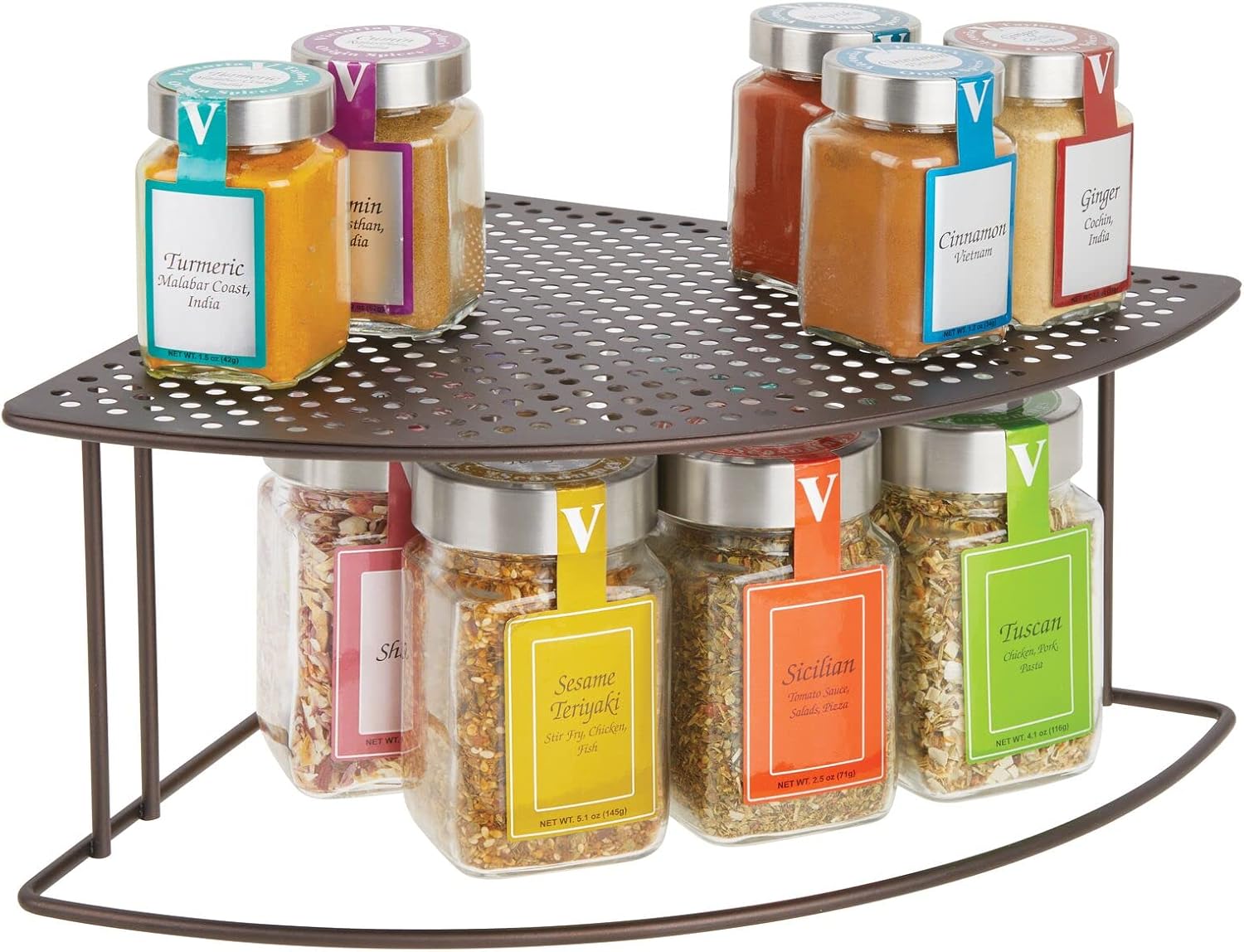 mDesign Rustic Metal Corner Shelf - 2 Tier Storage Organizer for Kitchen Cabinet, Pantry, Shelf, Countertop - Holds Dishes, Baking Supplies, Canned Goods, Spices - Rounded Design - Bronze