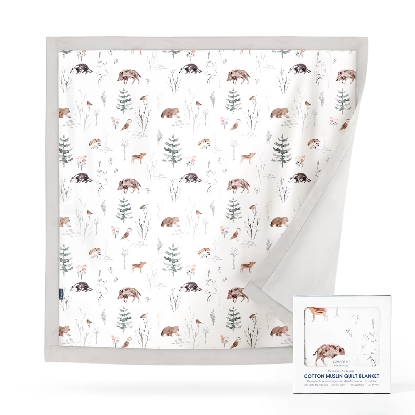 GRSSDER Cotton Muslin Quilt Blanket - Silky Soft and Breathable Baby Blanket Quilt, Oversized Muslin Blankets for Newborns, Toddlers &amp; Kids, 6 Layers Reversible Design for All Seasons, 47" x 47"