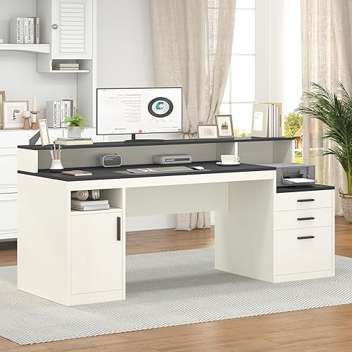 Miniatura 8 de Escritorio para computadora de 65 pulgadas con 3 cajones y estantes de almacenamiento, escritorio ejecutivo con cajón de archivos y gabinete,