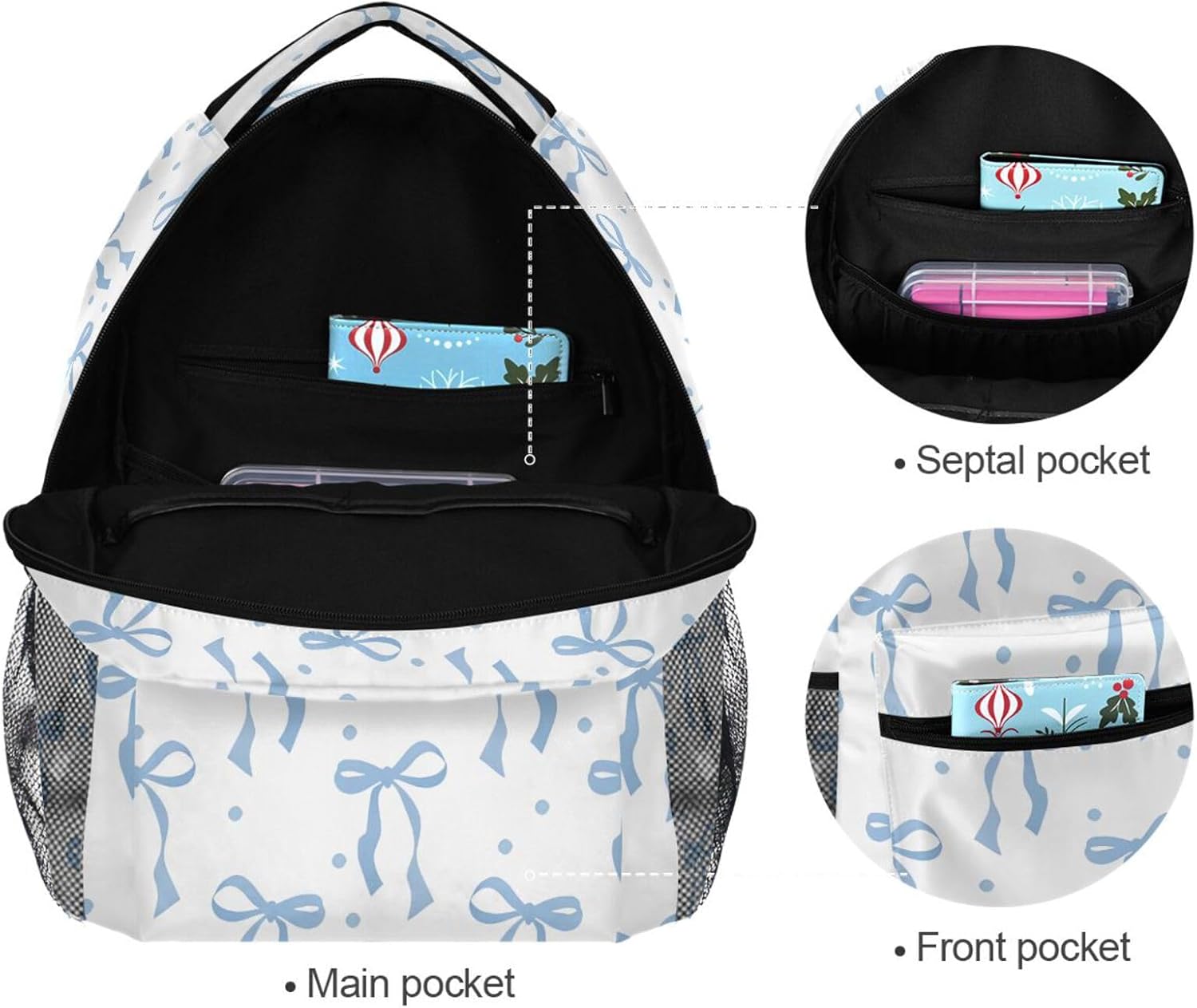 Ribbon Bow Polka Dot Blue Backpack for School Boys Girls Adults Kids Bookbag Laptop Bag 15L