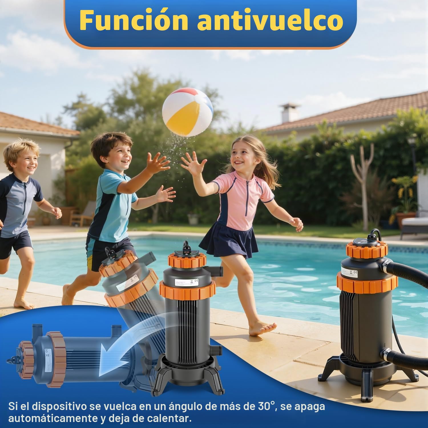 Calentador Eléctrico para Piscina 3KW, Pantalla Digital, 4 Protecciones de Seguridad, Conexión 32-38 mm, Calienta hasta 45 °C, Accesorios Incluidos para Piscinas Elevadas