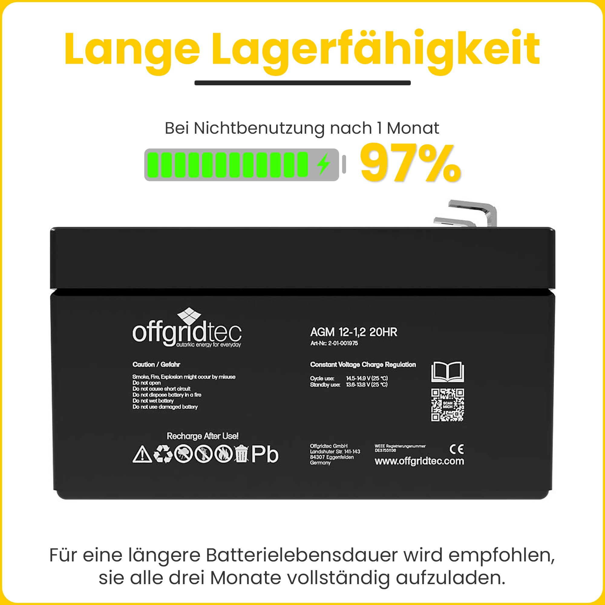 Offgridtec Agm Batteria Solare Estremamente Zyklenfest 1,2 Ah 20 Stuende 12 V, 2 – 01 – 001975