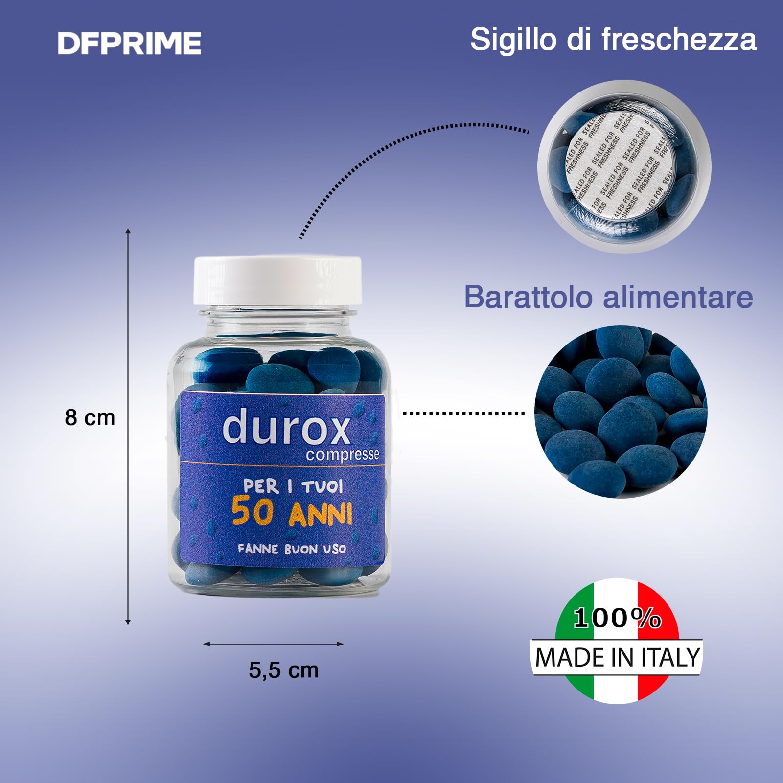 DUROX Compresse Blu 50 Anni – Scherzo Wiagras Goliardico per Uomo – Idea Regalo Divertente Compleanno 50 anni – Confetti Blu al Cioccolato – FANNE BUON USO