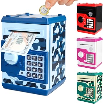 Pup Go Digital Money Box for Kids Ages 3+, Electronic Piggy Bank ATM with Password Safe, Auto Cash Scroll Money Saving, Money Bank for Notes & Coins, for Boys and Girls Camo Blue