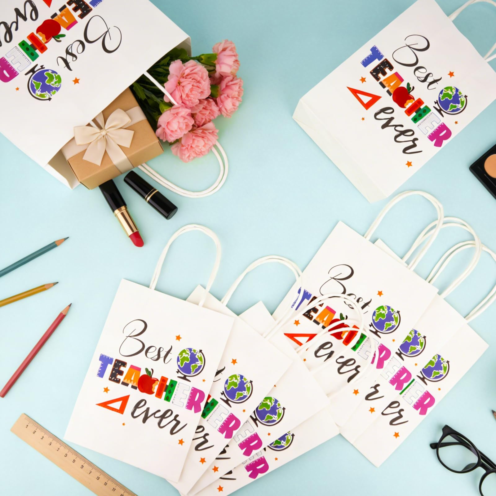 ZeffuLyne Teacher Appreciation Bags, 12Pcs Teacher Appreciation Gift Bags with Best Teacher Ever, Teachers' Day Back to School Party Favors Supplies