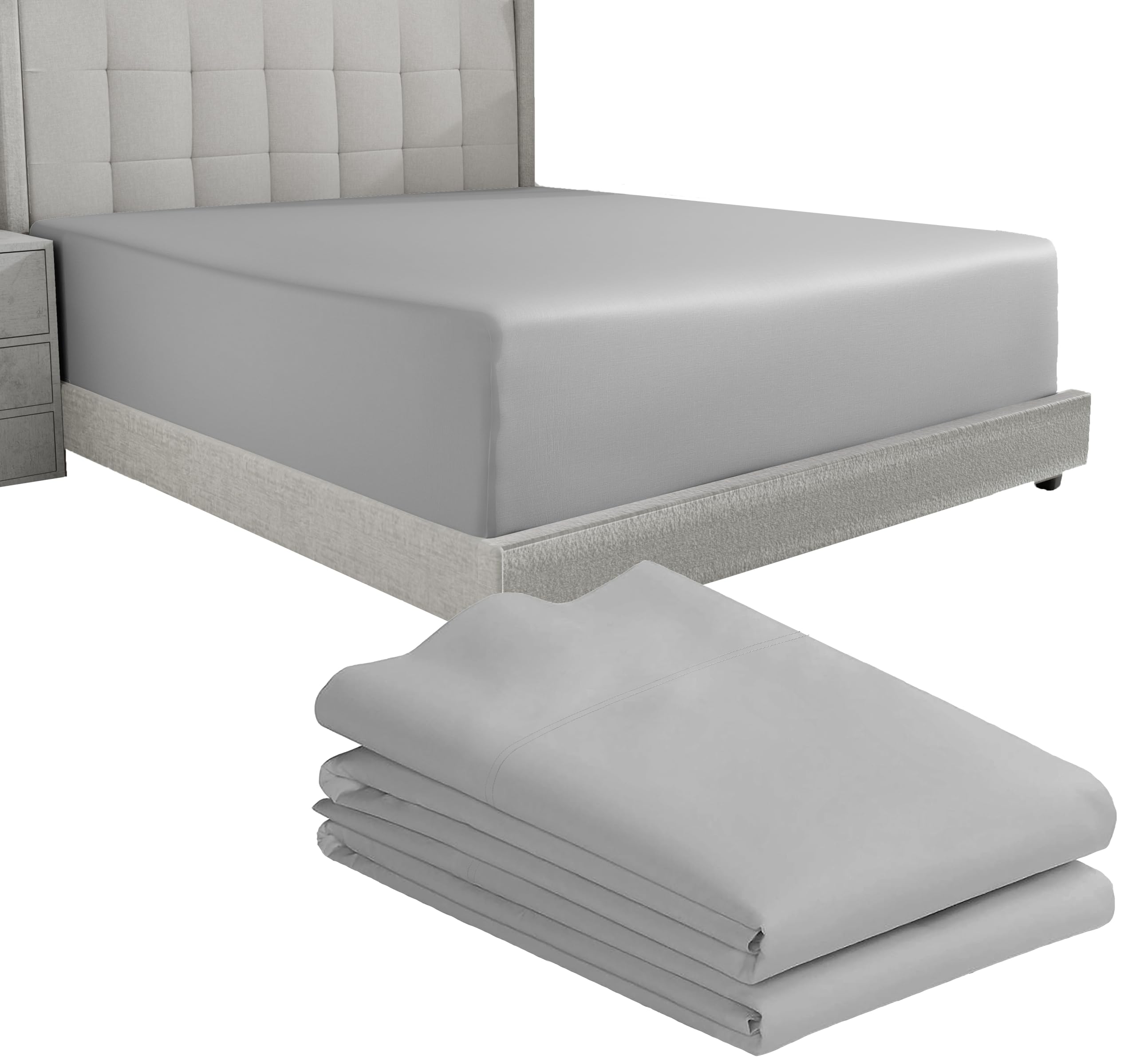 Bedding Bundle - Queen Fitted Sheet with 2 Pillowcases, 600 Thread Count 100% Cotton Sateen (Light Grey)