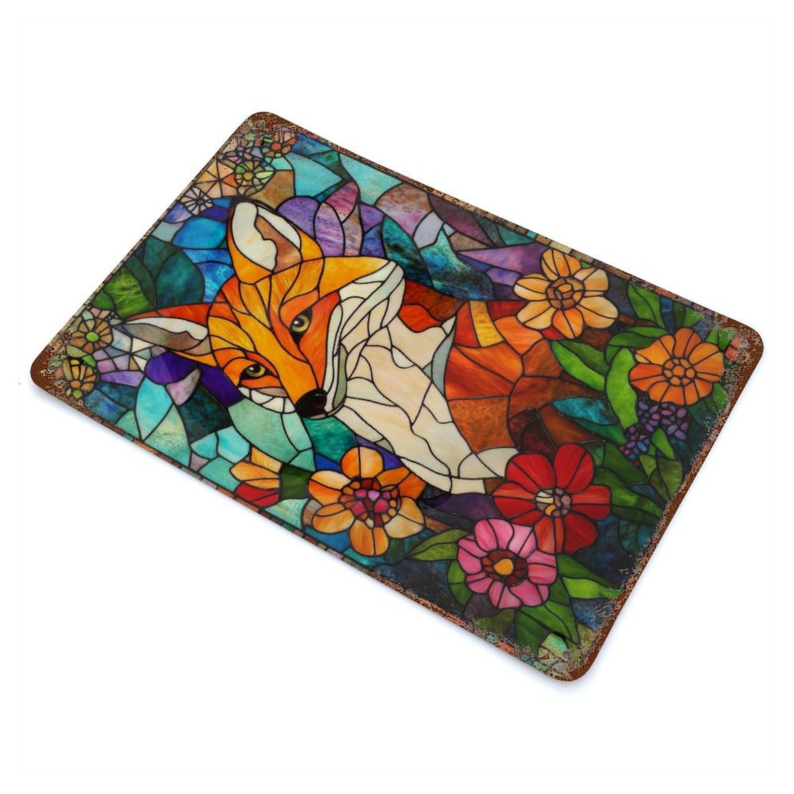 Stained Glass Fox Retro Metal Sign 11.8"x7.9", Classic Wall Plaque for Garage, Pub Or Kitchen