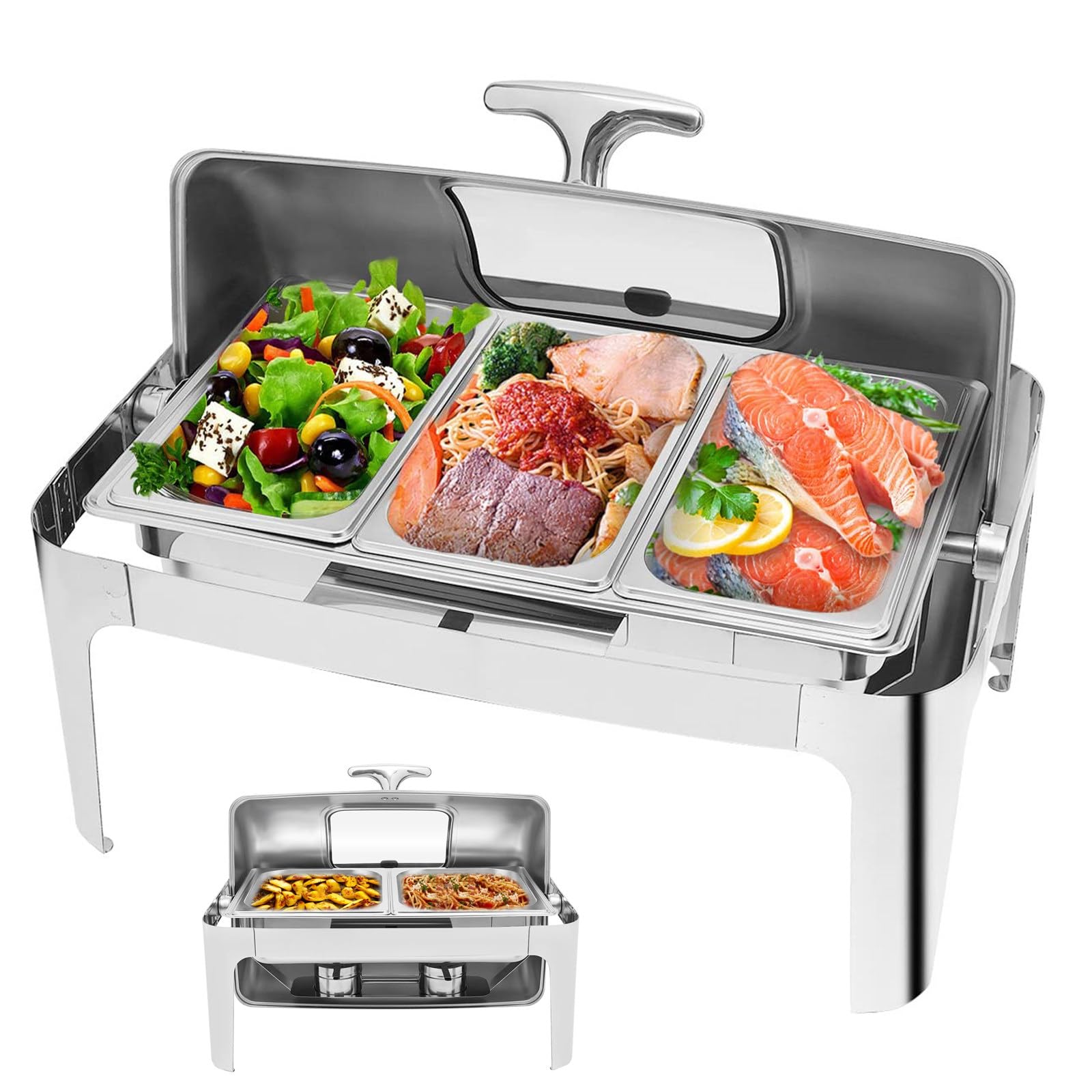 6LRoll-Top-Chafing-Dish-Set, Buffetwärmer-Set aus Edelstahl mit Griff, Glasfenster, Pfanne in voller Größe, rechteckiger Speisenwärmer für Catering-Events,Double