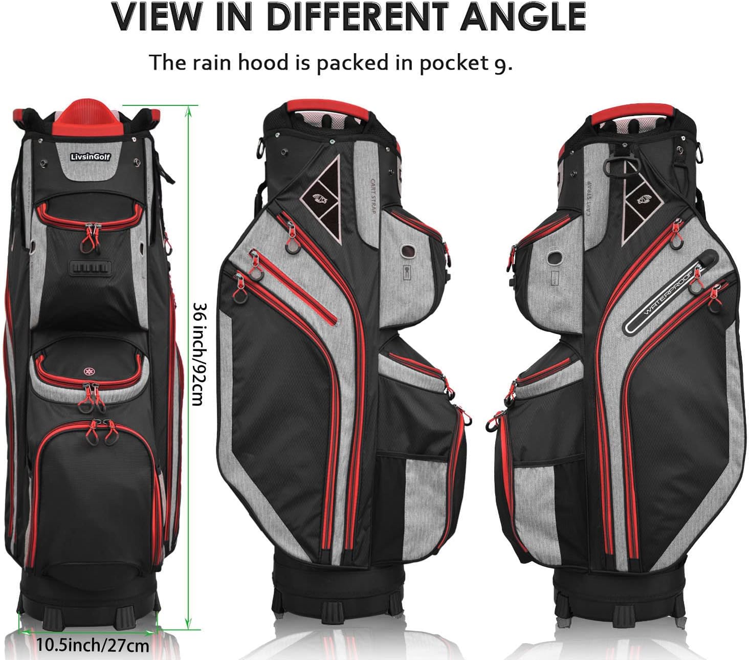 LIVSINGOLF 14 Way Golf Cart Bag for Push Bag Classy Design Full Length with Cooler, Rain Hood, Putter Well (Black) : Sports & Outdoors