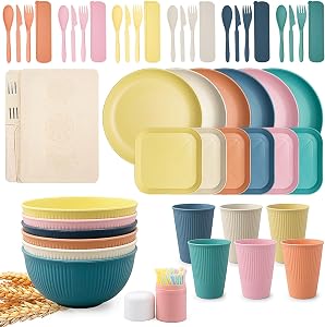 Wheat Straw Dinnerware Set for 6 Unbreakable Plastic Plate and Bowl Dishes for Travel Picnic Camping Colorful Dinner Plates Dishwasher Microwave Safe Reusable Lightweight Tableware